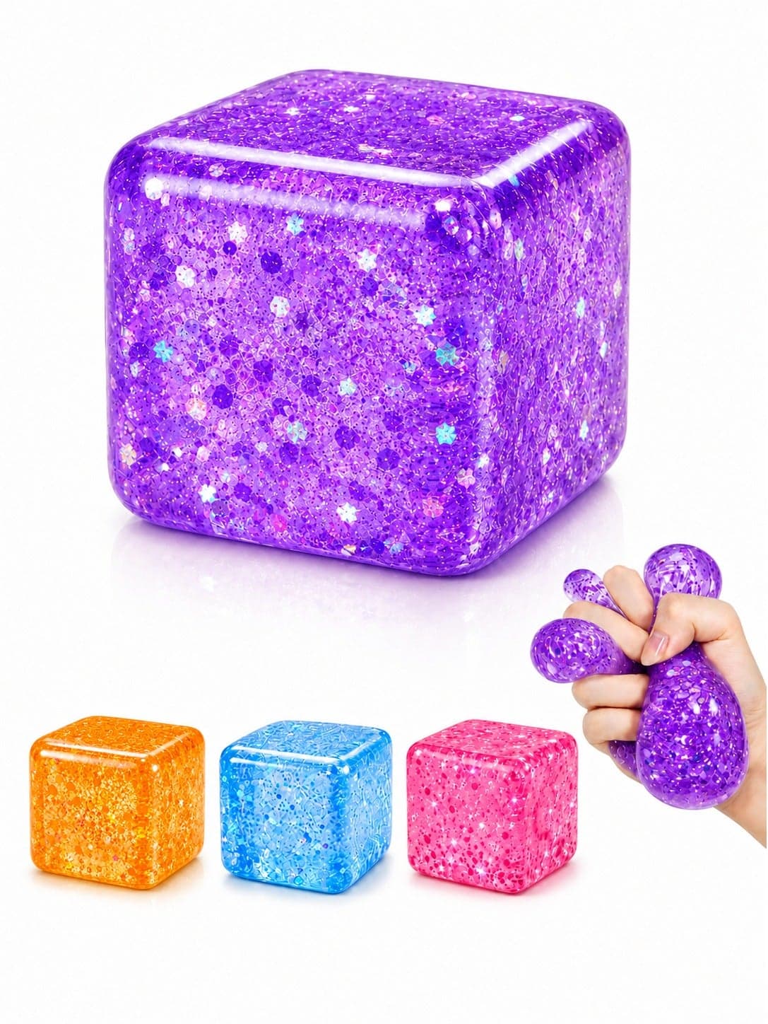 Purple Cube Squeeze Ball Super Soft Squishy Fidget Toy for Kids & Adults, Stretchy Sensory Stress Relief Cube, Squeeze Therapy Ball for Relaxation, Focus, Hand Strength Exercise, Desk Toy, Birthday Party Gift, Ages 3+