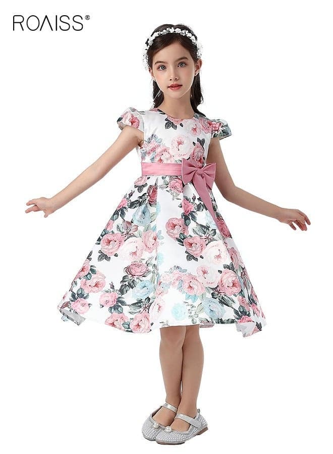 Girl's Summer Dress with Pink Bow and Back Zipper, Retro Formal Dress, Elegant Stylish A Line Dress for Girls, Suitable for Daily Wear or Any Occasion