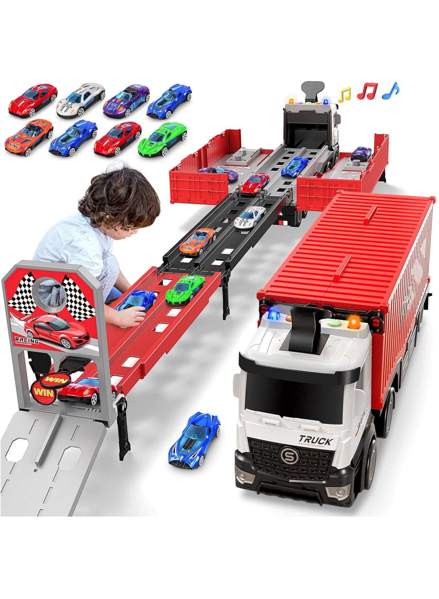 Race Car Track Toy Truck Toy with Slots & Foldable Race Tracks Transport Car Carrier Toy for Toddlers Cars Toy Set Container Truck Toy with 8 Alloy Cars Vehicles Toy Set for 3+ Kids Boys Girls