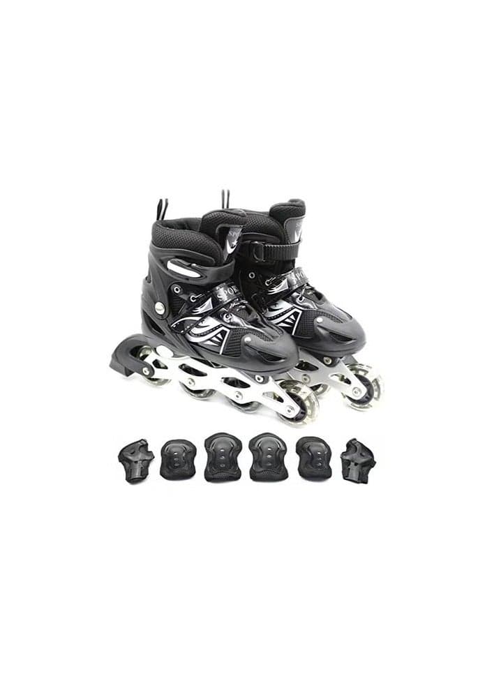 Inline Skates Adjustable Size Roller Skates with Flashing Wheels Children Skate Shoes Including Protective Gear (Knee Elbow Wrist) Black Colour