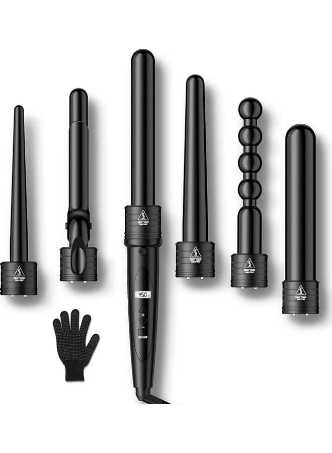 6 in 1 Curling Iron Curing Wand Set with Protective Glove Black