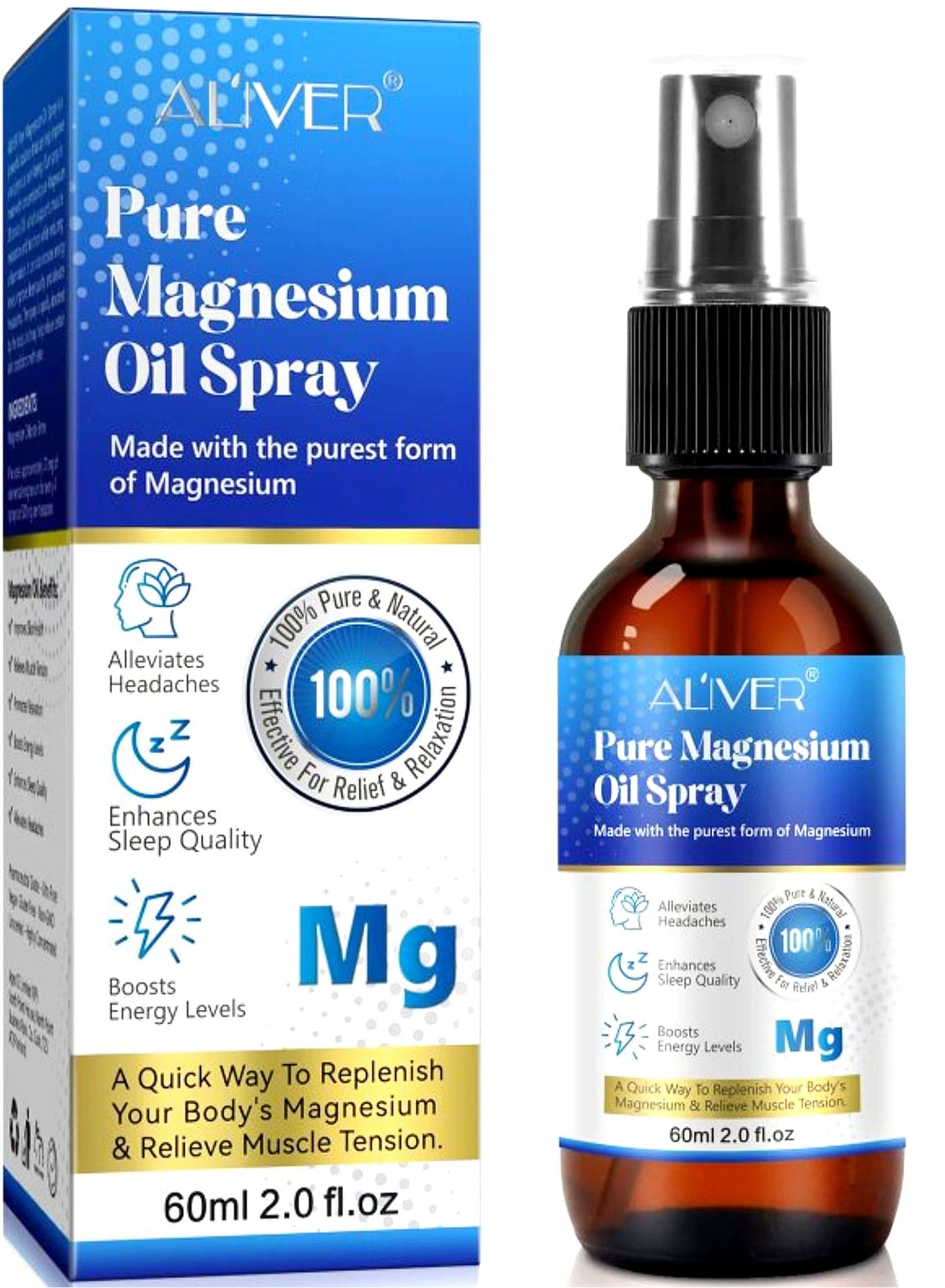 Pure Magnesium Oil 60ml Spray,Magnesium Spray for Sleep and Anxiety,100% Pure & Natural,Gluten Free,Magical Topical Magnesium Oil Spray,Non-GMO Magnesium Spray for Feet and Body Muscle Relaxation Oil