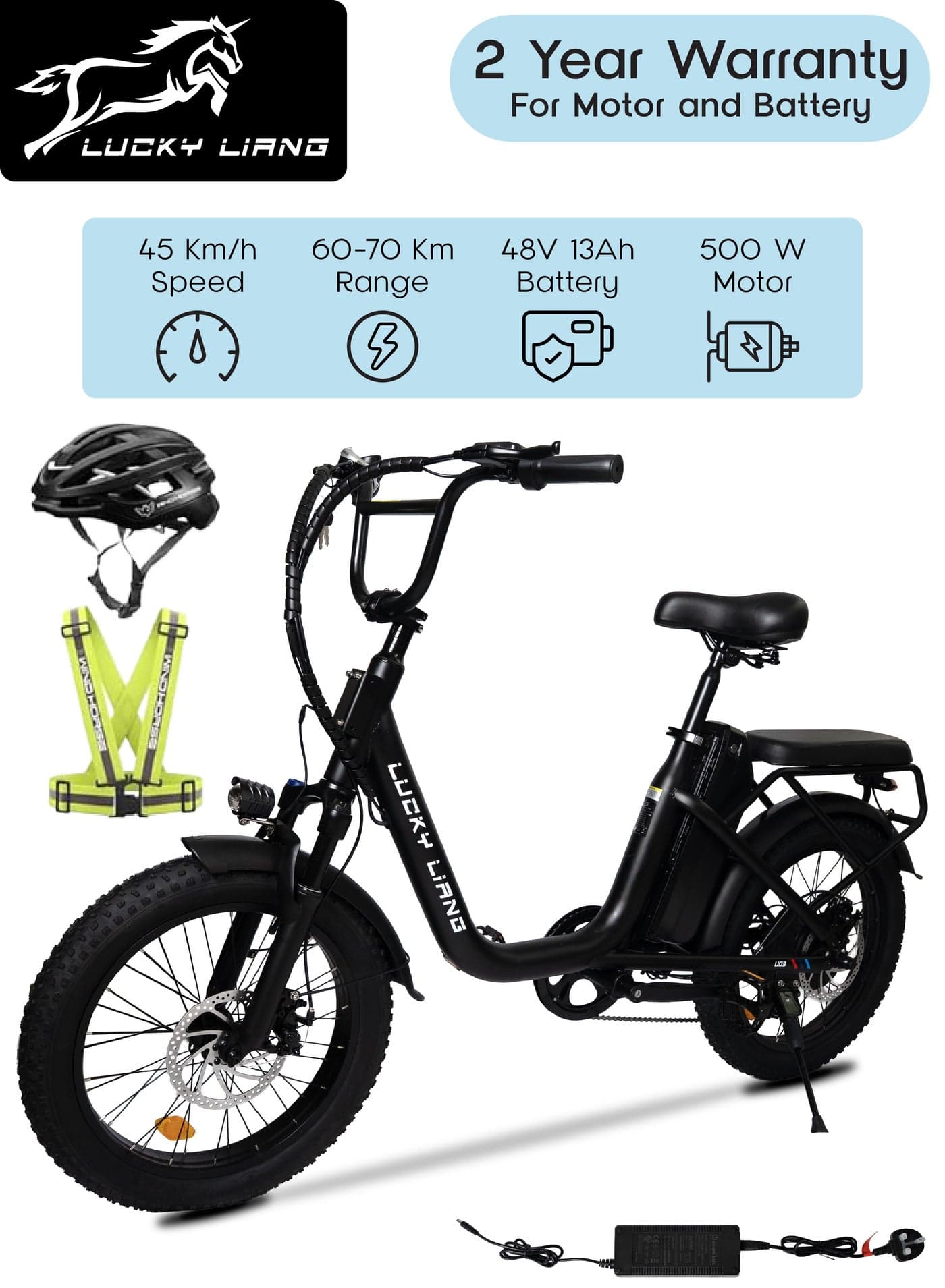 Lucky Liang U03 Electric Bike for Adults – 500W (750W Max) Motor, 48V 13Ah Battery, 45KM/H Speed, 35–45KM Range, 20×3.0" Off-Road Tires, Carbon Steel Frame