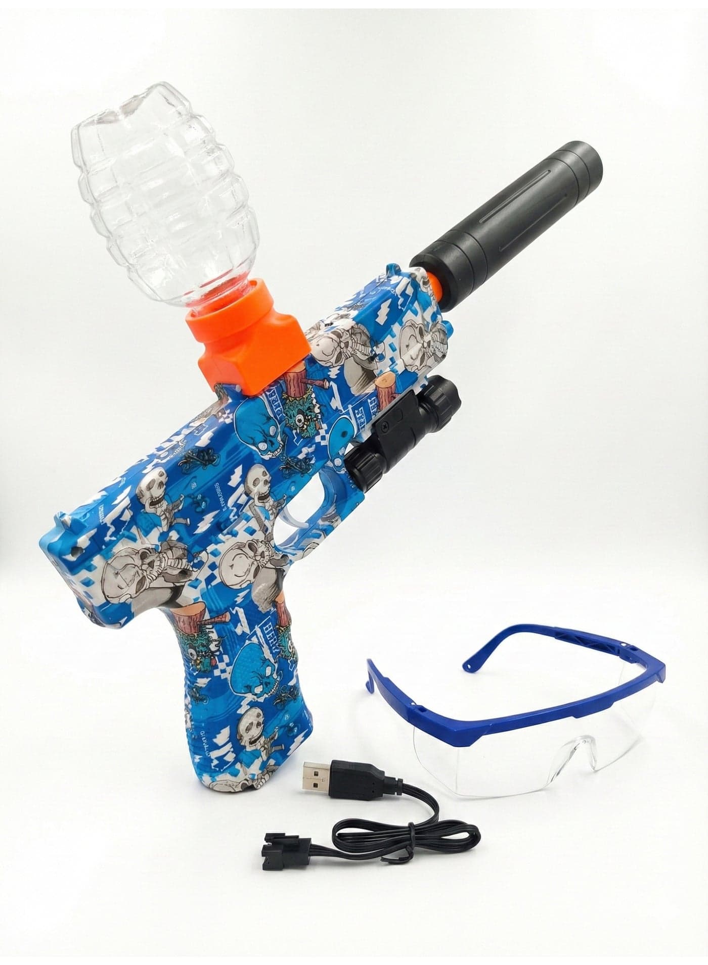 Electric Gel Ball Blaster M1911 Toy Gun – Automatic Hydrogel Splatter Shooter with Blue Graffiti Skull Design | Rechargeable Battery, Silencer, Flashlight & Safety Goggles | Outdoor CS Battle Team Game Gift for Kids Boys 12+
