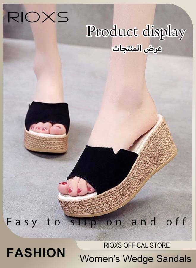 Women's Casual Wedge Slipper, Open Toe Suede Platform Sandal, Comfort Slip On Wedge Sandals, Fashion Platform Shoes, Non Slip Thick Sole Sandals With Arch Support, Beach Slide For Indoor Or Outdoor Use