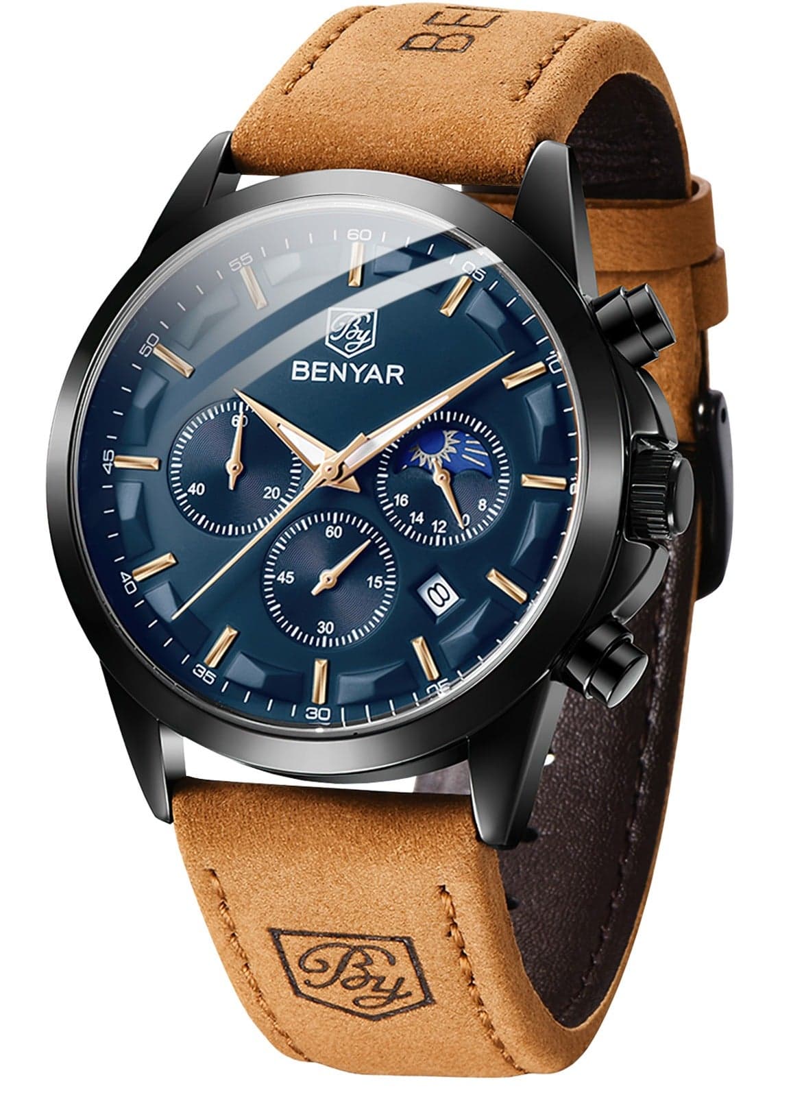 BY BENYAR Mens Watches Analog Quartz Chronograph Waterproof Wrist Watches for Men Business Work Casual Designer Dress Watch with Calendar Elegant Gifts for Men