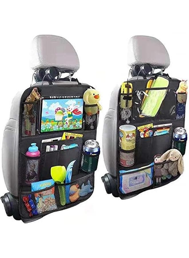 Car Backseat Organizer for Kids, 2 PCS Car Storage Organizer Kick Mats Back Seat Protector with Touch Screen Tablet Holder with 8 Mesh Pockets and 2 Storage Pockets for Drinks Toys