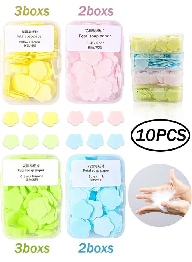 10Packs Petal Shape Soap Flakes Hand Soap Sheets Mini Portable Antibacterial Soap Sheets the Box Disposable Travel Scented Bath Slice Sheet Foaming Paper Soap (Colorful)