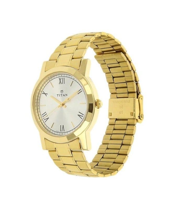 Titan Quartz Analog Silver Round Dial Golden Stainless Steel Strap Watch For Men 1644ym01