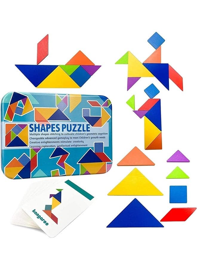 Early Development Tangram Pattern Puzzles Set,Wooden Puzzle Blocks Colorful Tangram Sorting,Stacking Games Montessori Educational Toys,60 Design Cards with 120 Pattern Jigsaw Puzzle