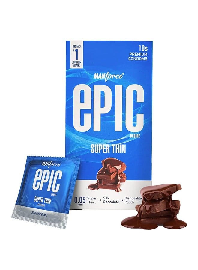 Manforce Epic Desire | Super Thin, Silk Chocolate Flavoured Condoms for Men, 10 Pcs| With Disposable Pouch| Vegan | No Hard Chemicals| Super Thin| Lubricated Latex Condoms
