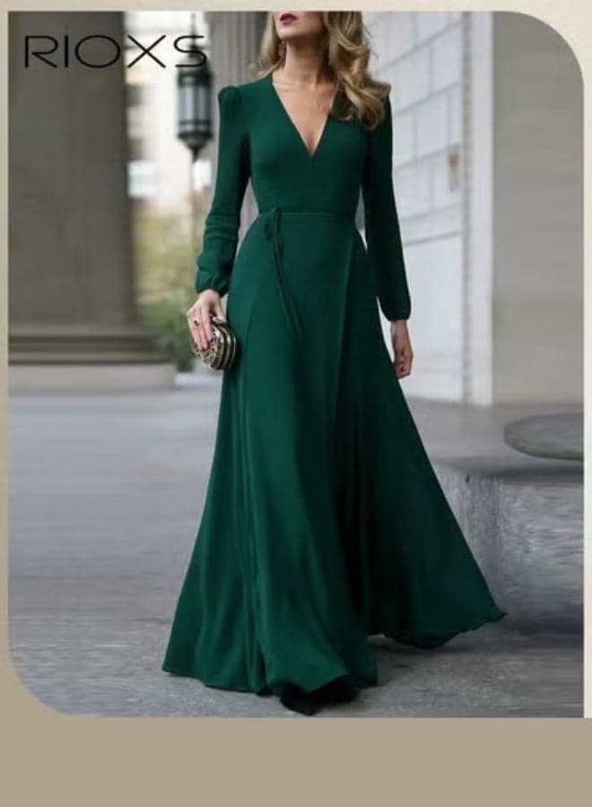 Women's Dresses, Elegant High Waist Maxi Dress For Women, V-neck Long-sleeved Dress, Ruched Wrap Long Dress With Back Zipper And Belt, Ladies Stylish Exquisite Evening Prom Dresses, Womens Party Dress For Casual/ Formal Occasions-Green Dresses