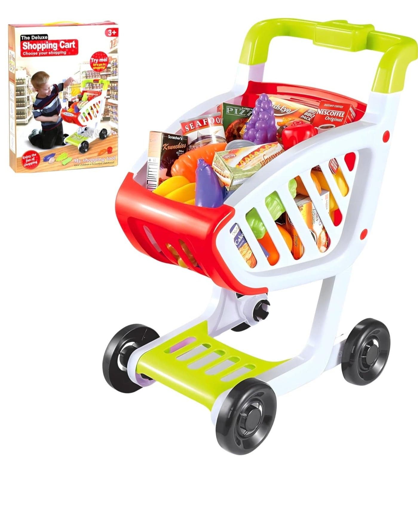 Mini Shopping Cart, Shopping Cart with Grocery Playset Toy, Perfect for Ages 3+ Pretend Play and Role-Playing Games, Supermarket Shopping Cart for Kids 2+Years Boy Girl