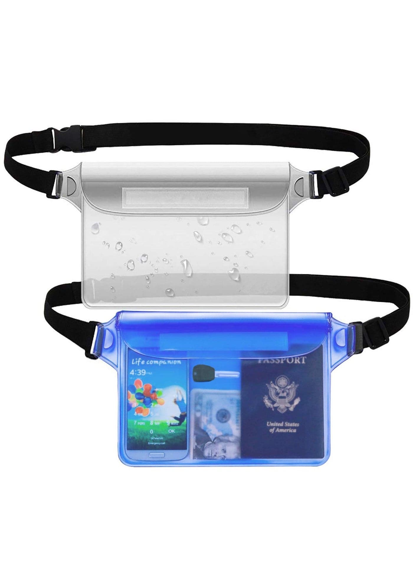 2 Pack Waterproof Pouch With Waist Strap, Waterproof Cell Phone Bag, Waterproof Dry Bag For Beach Bulk Swimming Kayaking Floating Water Park, Blue And Clear