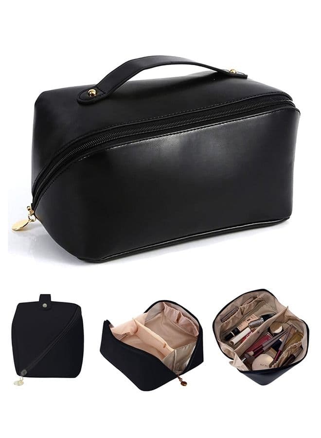 Large-Capacity Travel Cosmetic Bag Portable Makeup Case Travel Wash Bag Waterproof Leather Makeup Bag Multifunction Toiletries Organizer Storage Bag (Black)