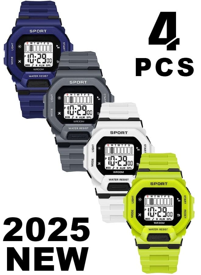4pcs Kids Watch Boys Girls,Multifunctional Waterproof Watch For Kids,Digital Watch For Timing (Grey Blue White Green)