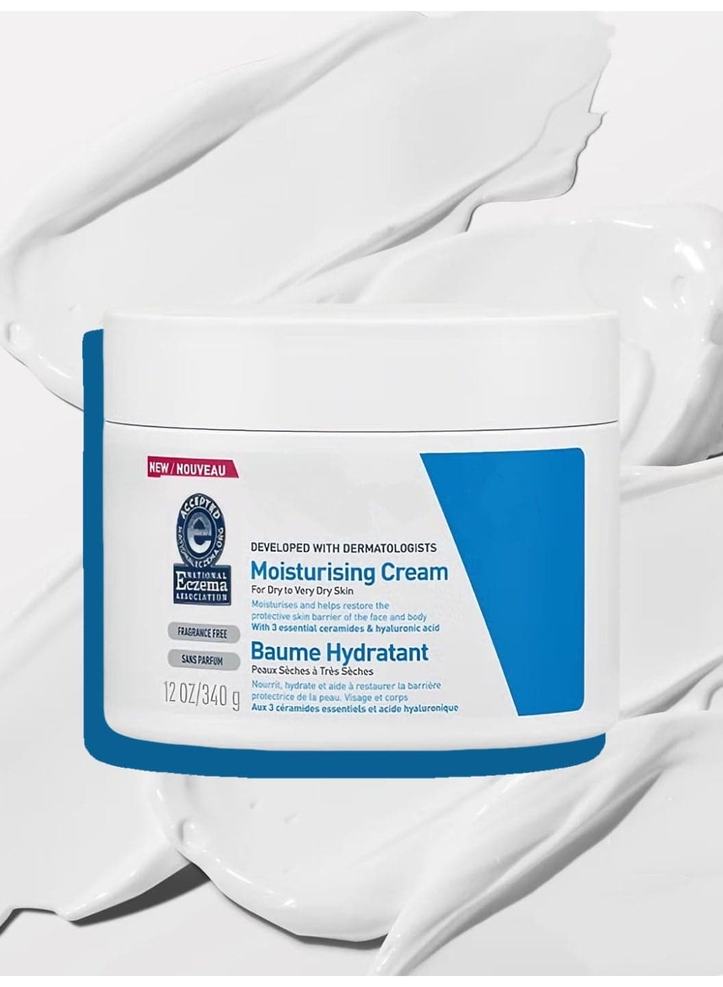 Fragrance-Free Moisturizing Cream 340g - Hyaluronic Acid for Dry & Sensitive Skin, Non-Irritating
