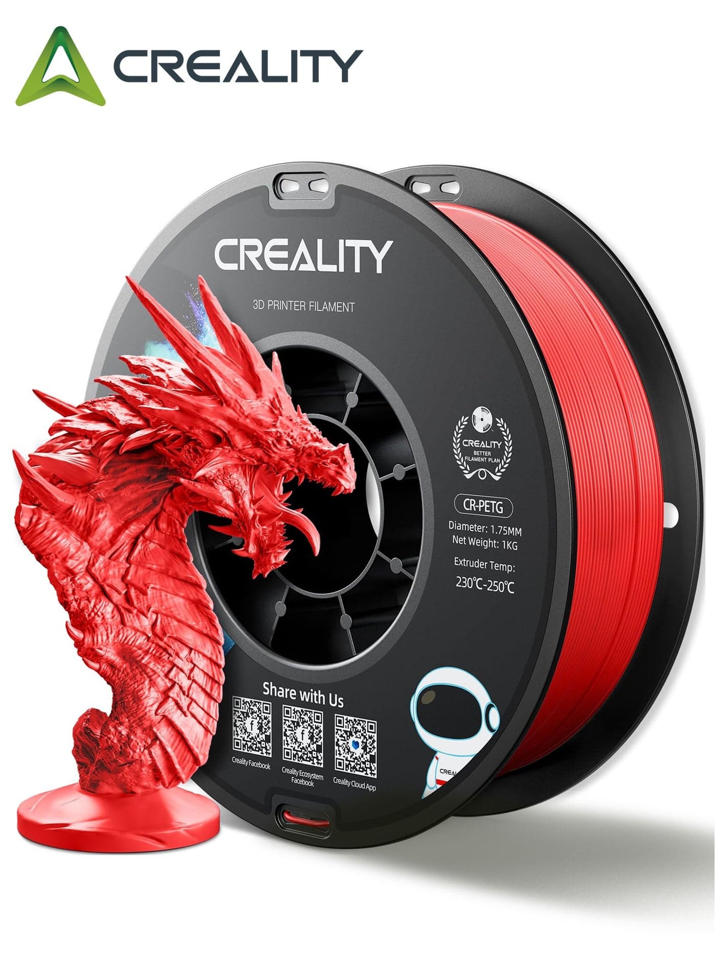 Official Creality CR-PETG 3D Printer Filament 1.75mm 1KG (2.2lbs), High Precision Strong Toughness, Odorless Better Flow Moisture Proof 3D Printing Ender Filament, CR-PETG-1kg Red