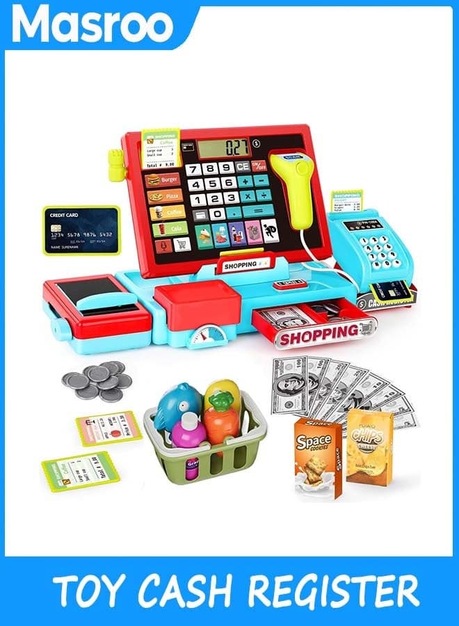 Toy Cash Register for Kids with Sound Music/Scanner/Microphone/Credit Card/Play Money, Pretend Learning Toy Kids Cash Register, Christmas Birthday Gift for Toddlers Girl Boy Age 3 4 5 6