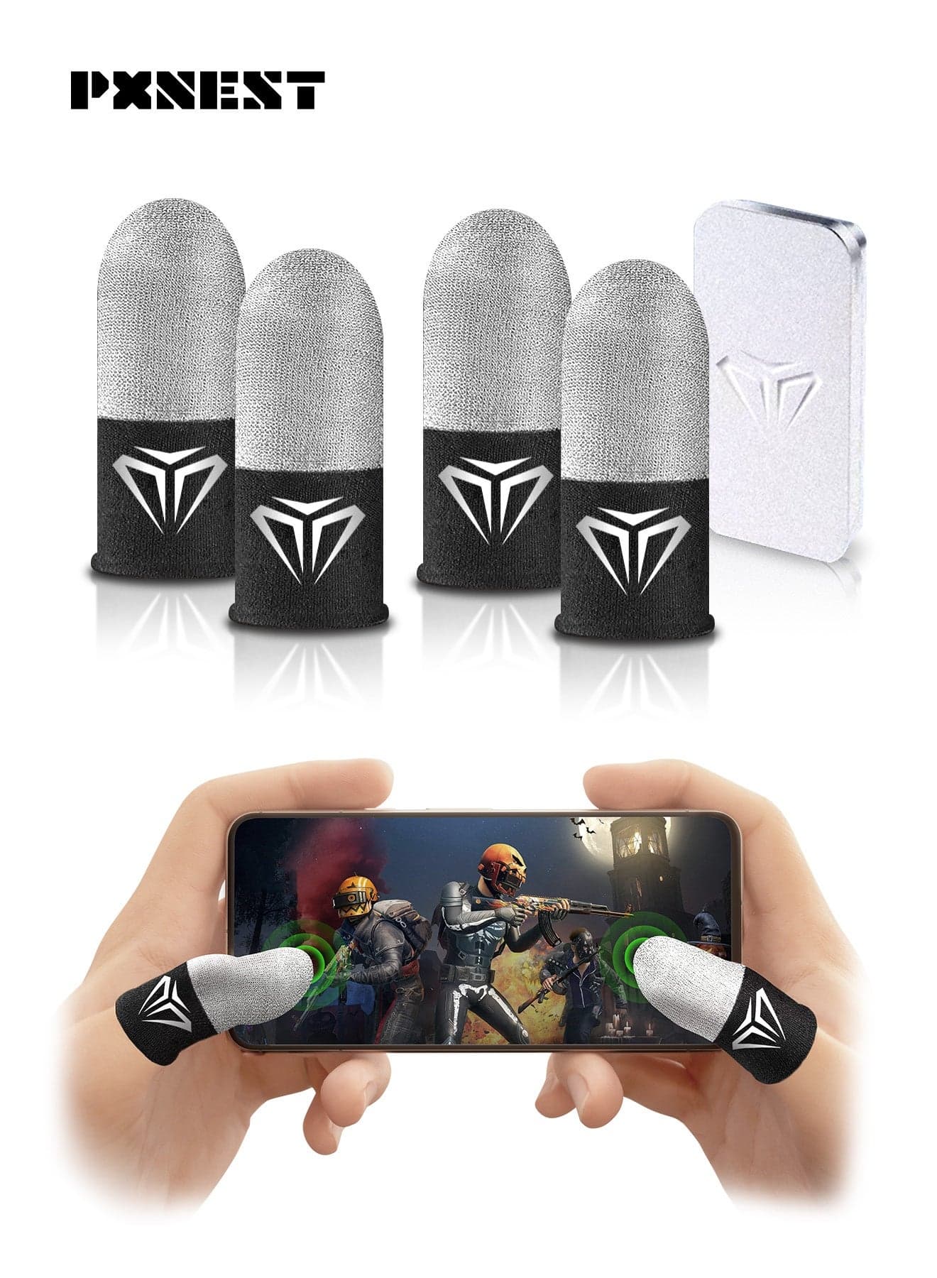 2-pair Gaming Finger Gloves, with a portable aluminum alloy housing for enhanced sensitivity and sweat resistance. Suitable for PUBG, Fortnite, Call of Duty, and Rules of Survival (Black/Silver)