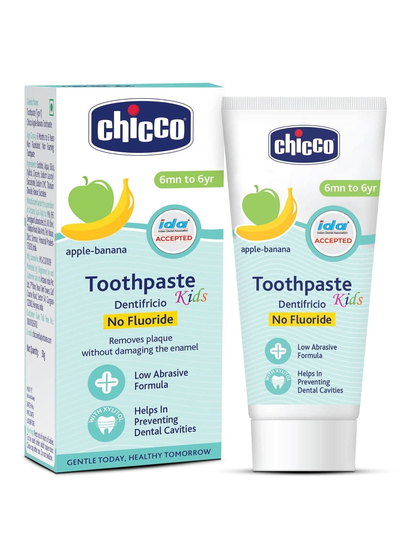 Chicco Toothpaste for Kids, Best for Baby (6m-6y), Apple-Banana Flavour, 50g | Fluoride-Free & Low Abrasive | Removes Plaque, Helps Prevent Cavities