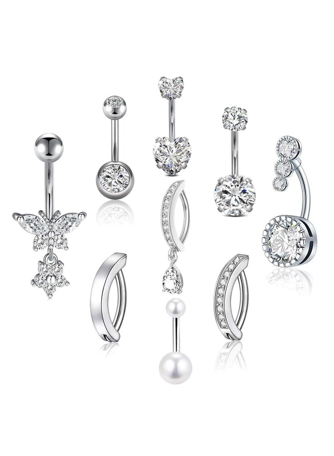9pcs Silver Belly Button Set Stainless Steel butterfly Fashion Rhinestone studded Belly Ring Piercing Button for Women holiday&dating & party & wedding