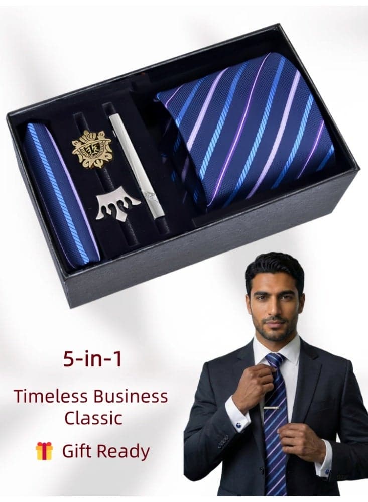 Fashionable Stripes Pattern Necktie Suit Gift Box Set(Tie, Pocket Square, Broochs, Tie Clip Set )-Blue Purple