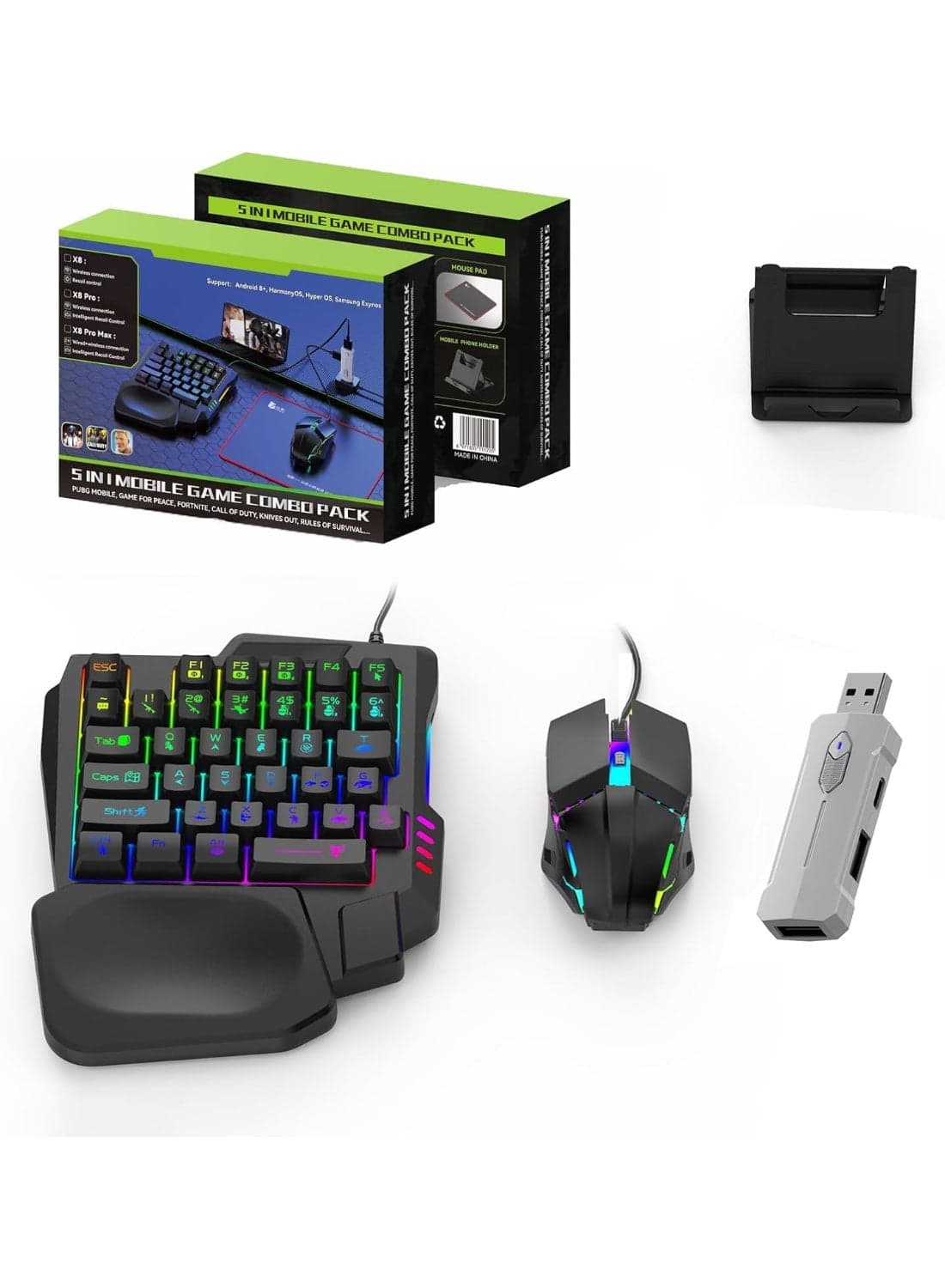 5-in-1 Half-Hand Gaming Keyboard Set Includes Converter Gaming Mouse Adjustable Phone Stand & Mouse Pad for PC and Mobile