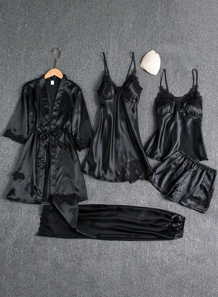 5 Piece Pajama Set With Lace Detail - Luxury Sleepwear For Women