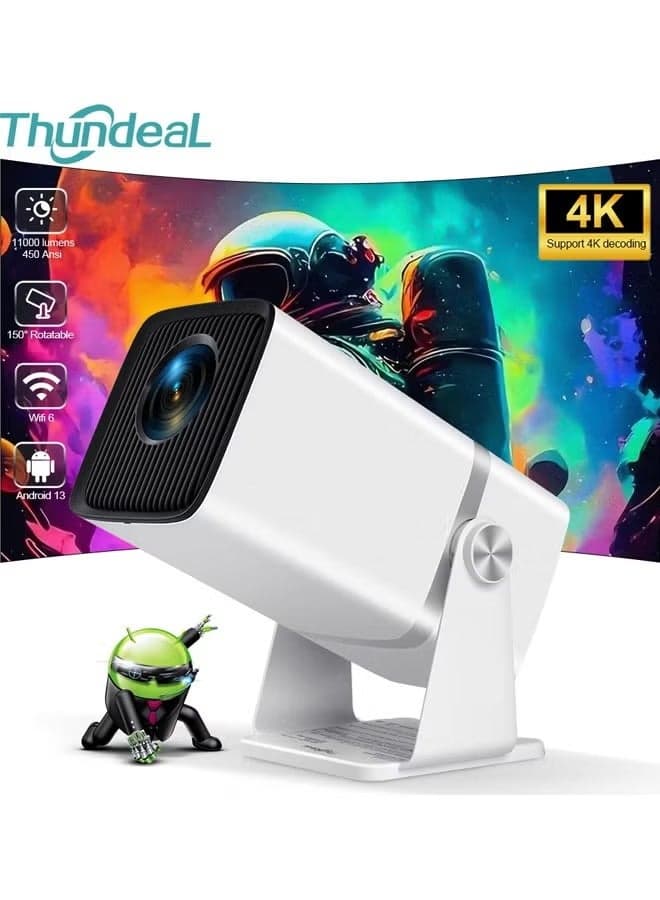 4K Full HD Projector, Smart Projector Home Theatre 4K Support Native 1080p HD Resolution, 11000 Lumens, Android 13 WiFi6 3D Home Theater Projector,Rotatable Design, Speaker Apps WiFi Meeting Video Movie,TD80,White