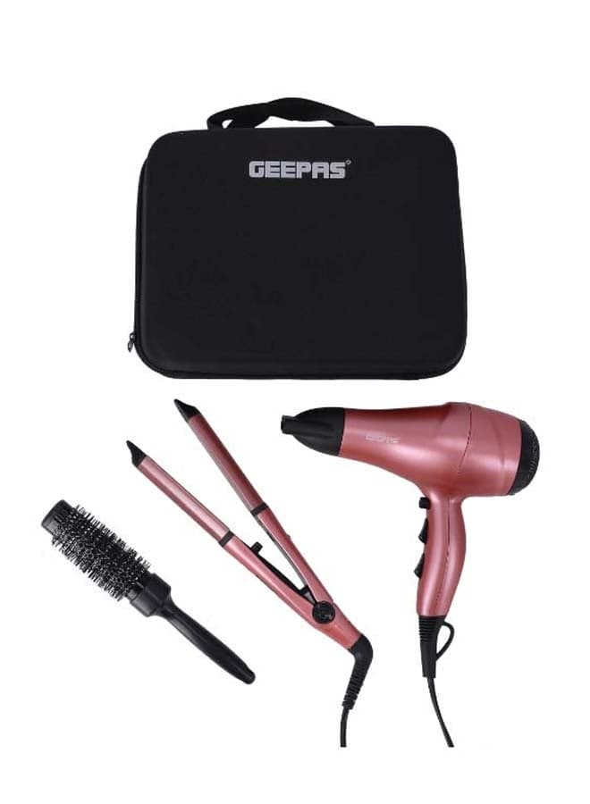 Portable Hair Dressing Set with Adjustable Temperature Setting Hair Dryer Straightener Curler with Eva Bag Pink/Black 1200grams