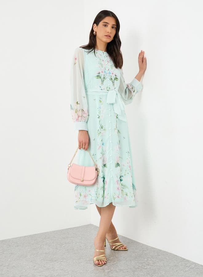 Styli Floral Print Midi Dress with Tie-Belt