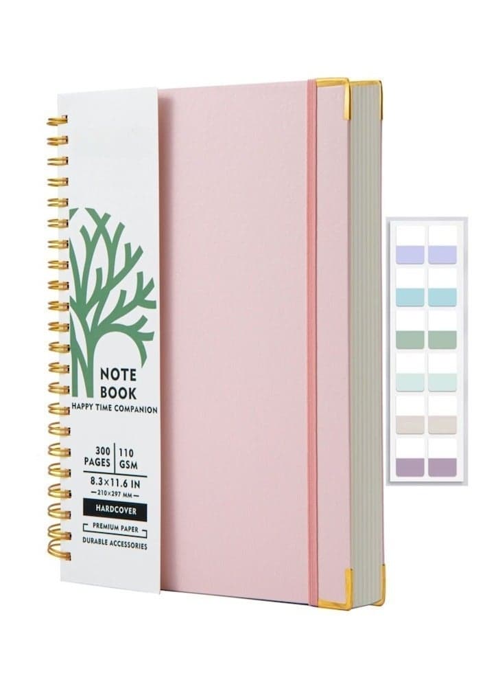 A4 Hardcover Spiral Notebook 300 Pages, 8.5 x 11 Inch Notebooks College Ruled, 110 GSM Thick Lined Paper Notebooks With Metal Rounded And 12pcs Index Tabs For Work, School and Travel, Journals for Writing, Large Journal, Pink