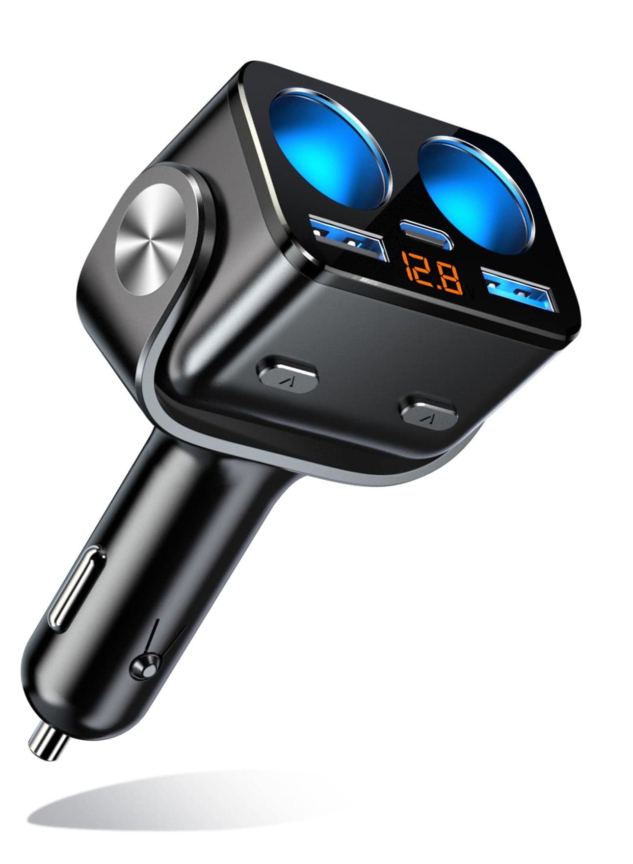 5-in-1 USB-C Car Charger with Voltage Display – Dual Socket Power Splitter, Fast Charging Adapter for 12V/24V Vehicles, GPS, Dash Cam, Phone
