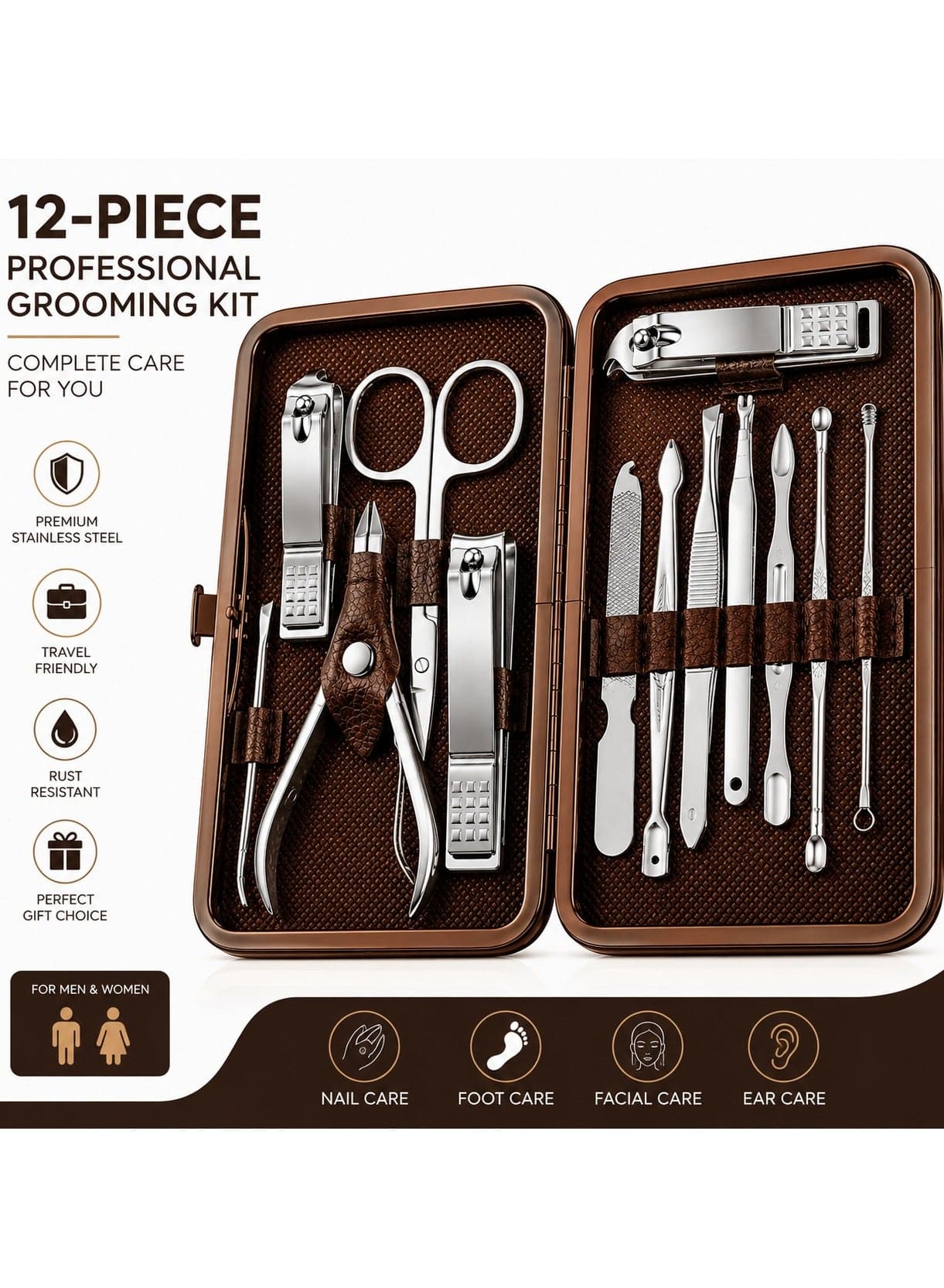 12 Piece Manicure Pedicure Kit, Professional Nail Clipper Set, Stainless Steel Grooming Kit for Men & Women, Travel Nail Care Set with Portable Metal Case, Nail Cutter Beauty Care Tools