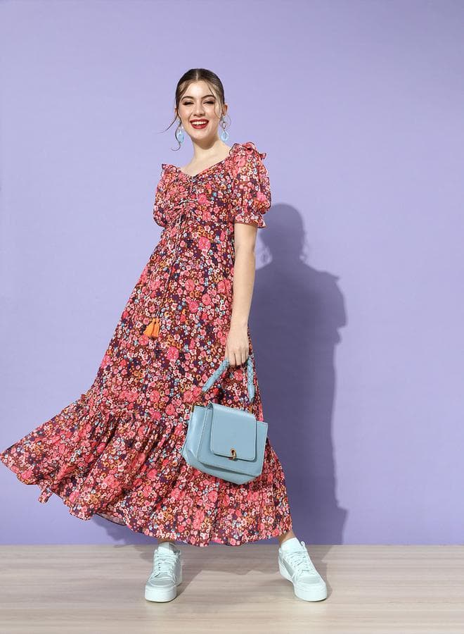 Miss Chase Ruched Floral Print Maxi Dress with Puffed Sleeves