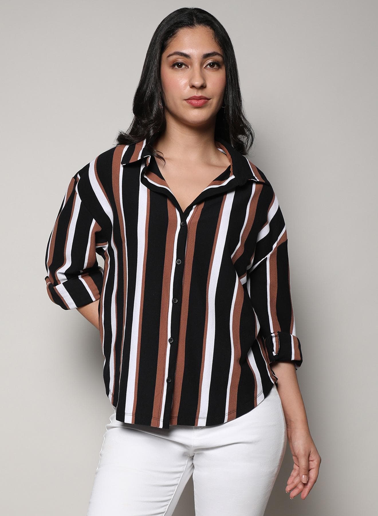 Women's Midnight Black & Mocha Brown Striped Boxy Shirt