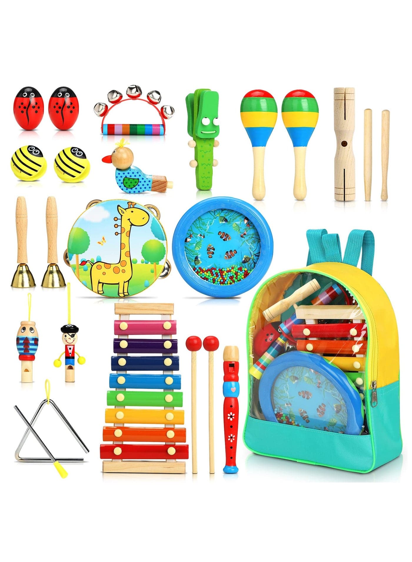 Kids Musical Instruments, 24Pcs 12 Types Wooden Percussion Instruments Tambourine Xylophone Toys for Kids Children, Preschool Education Early Learning Musical Toy for Boys and Girls