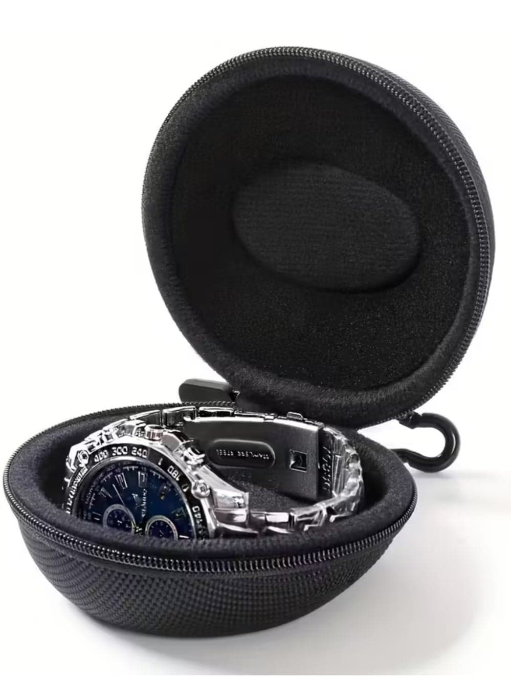 Portable Single Watch Travel Case (Black, Round) Durable Polyester Fiber Watch Storage Box with Fabric Lining Shockproof Organizer for Men's & Women's Wristwatches & Accessories
