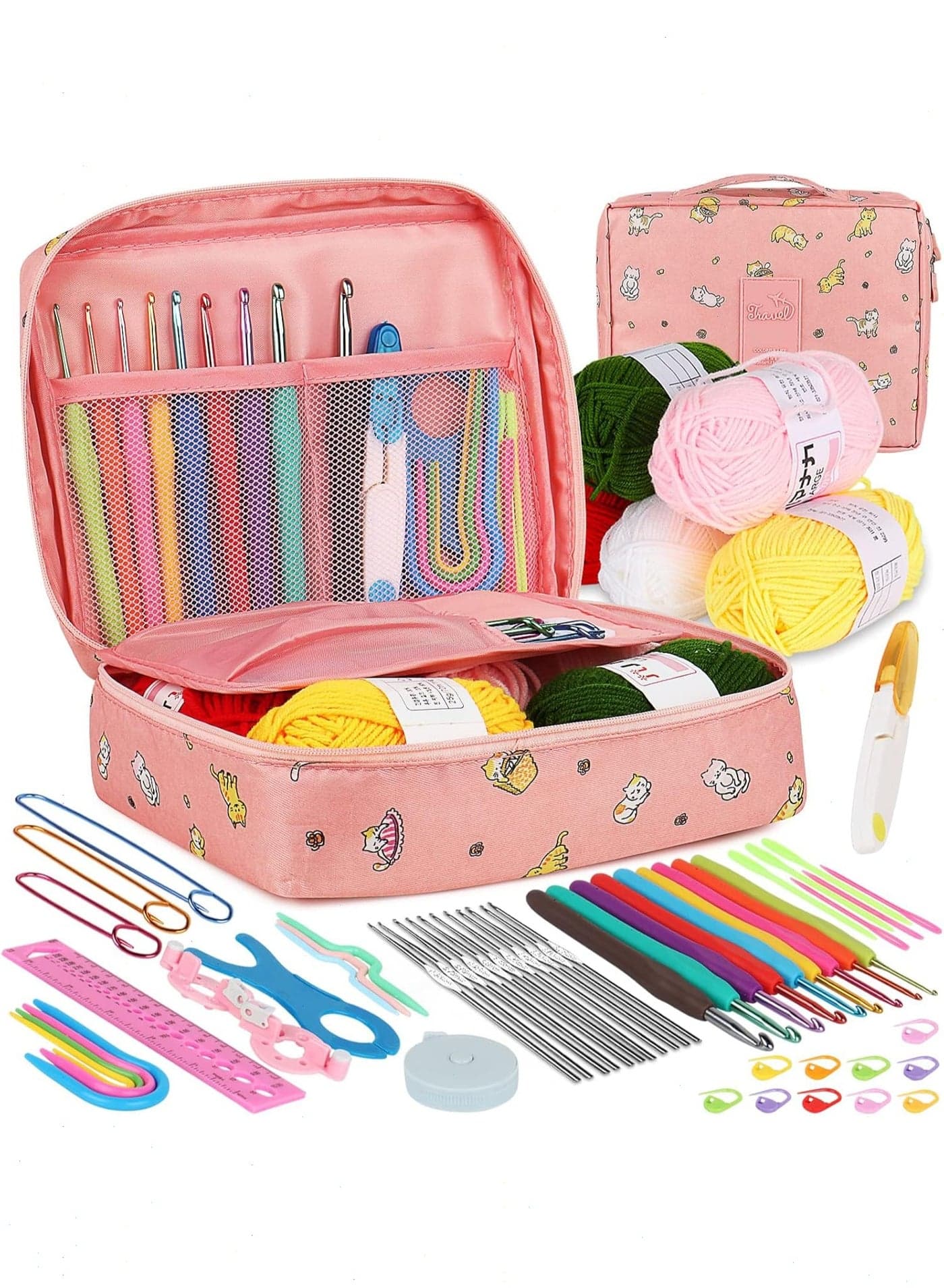 Crochet Kit for Beginners Adults, Knitting Starter Kit, Crochet Starter Kit with Case, Crochet Hook Set with Crochet Yarn and Crochet Accessories, Beginner Crochet Yarn Kit (Pink Cat)