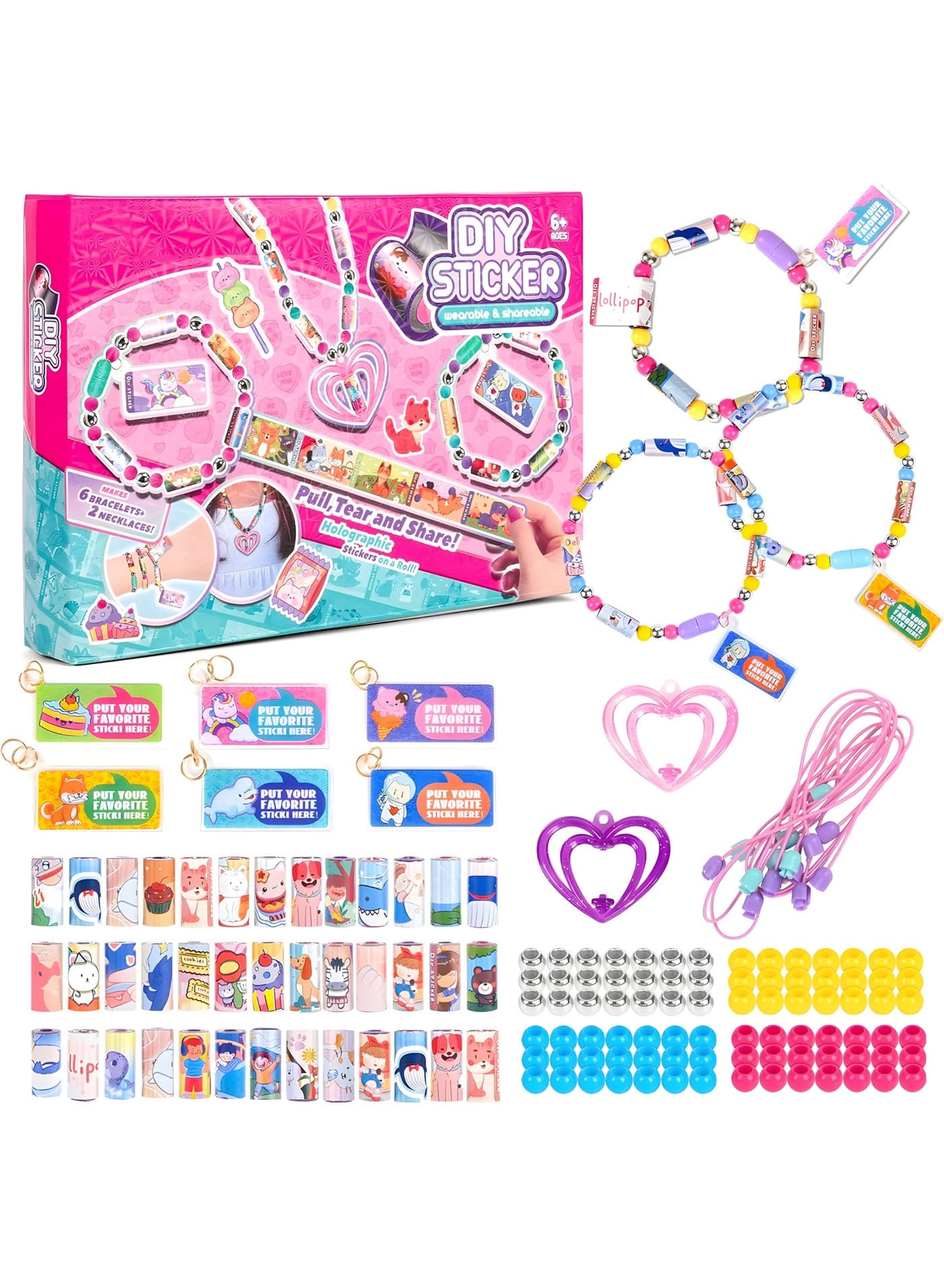 Kids' Sticky Rolls Bracelet Kit, DIY Sticker Jewelry Toy Wearable Shareable, 32 Sticker Rolls Reusable 256 Stickers, Sticky Roll Bracelet Necklace Gift Kit with 6 Charms, 2 Pendants, Many Beads