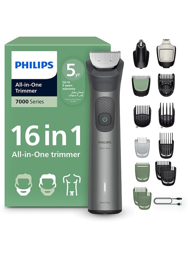 All-in-One Trimmer MG7931/15 | 16-in-1 Face, hair & body Grooming | Premium precision comb + body trimmer | 120 min cordless | Showerproof | USB-A charging | Pouch 120min/1hr charge, 16in1 Face/hair/body-Grey