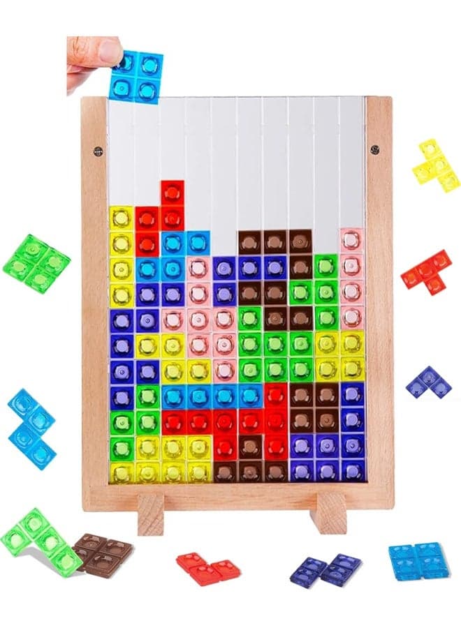 Wooden Blocks Puzzle Brain Teasers Toy Intelligent Colorful 3D Plastic Blocks Game with Vertical Wood Frame Game Board Tangram Educational Montessori Toys Gift for Kids Age 4+ Years Old