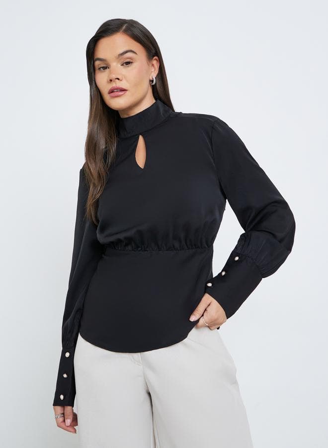 Styli Solid High Keyhole Neck Curved Hem Blouse