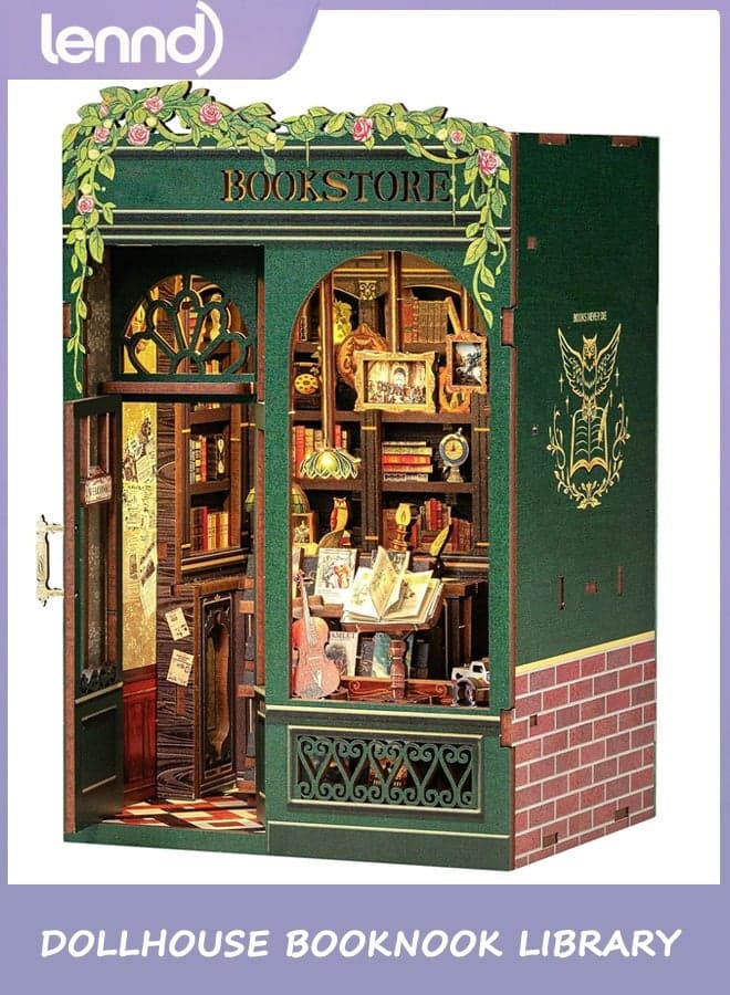 Book Nook Kit - DIY Miniature House Kit for Adults, Teens and Beginners, Doll house Library Tiny House Bookshelf Decor 3D Wooden Puzzle, Gifts for Family, Friends (Owl Bookstore)