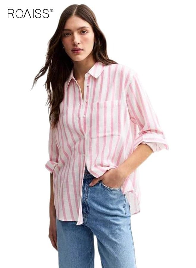 Spring Women's Long Sleeve Popover Shirt Fashionable Checkered Shirt Casual Button Polo Shirt for Everyday Wear Loose Fit Lapel Collar Tops with Pocket