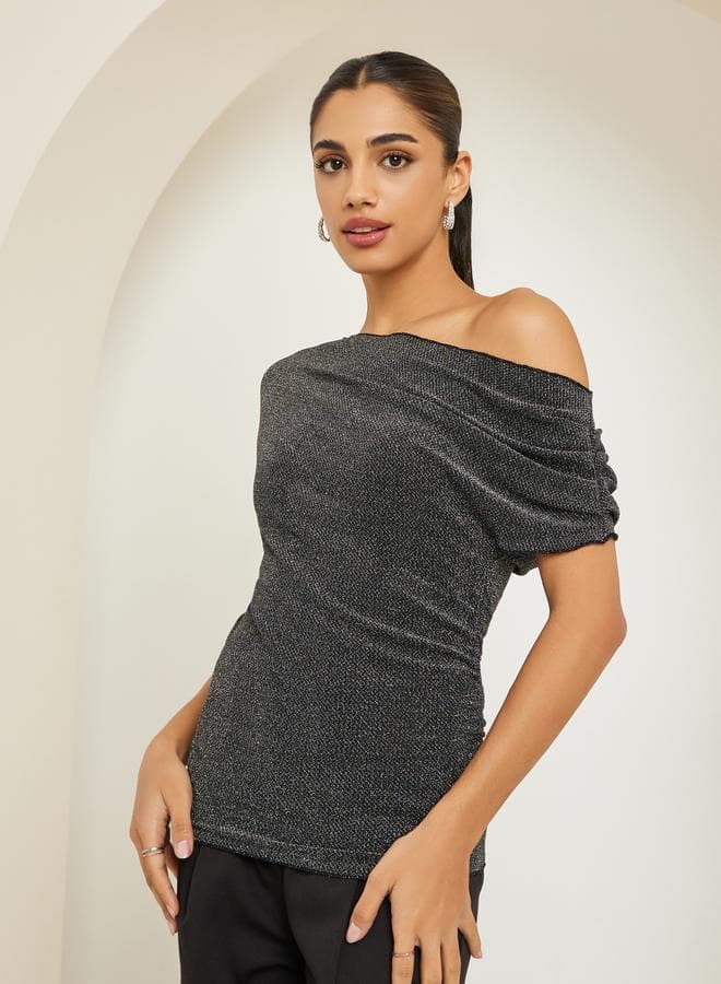 Women Black Shimmer Asymmetric Neck Top