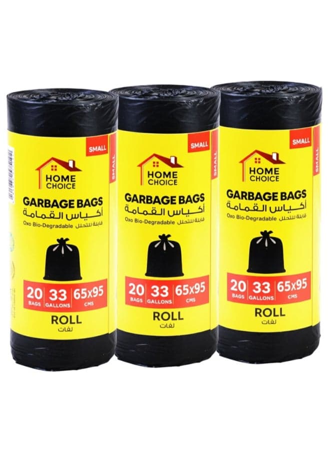 33 Gallons Roll, Pack of 3, Black, 60 Garbage Bags, Size 65x95 cm, Trash Bags, Bin Liner, Waste Bags for Indoor and Outdoor Purposes