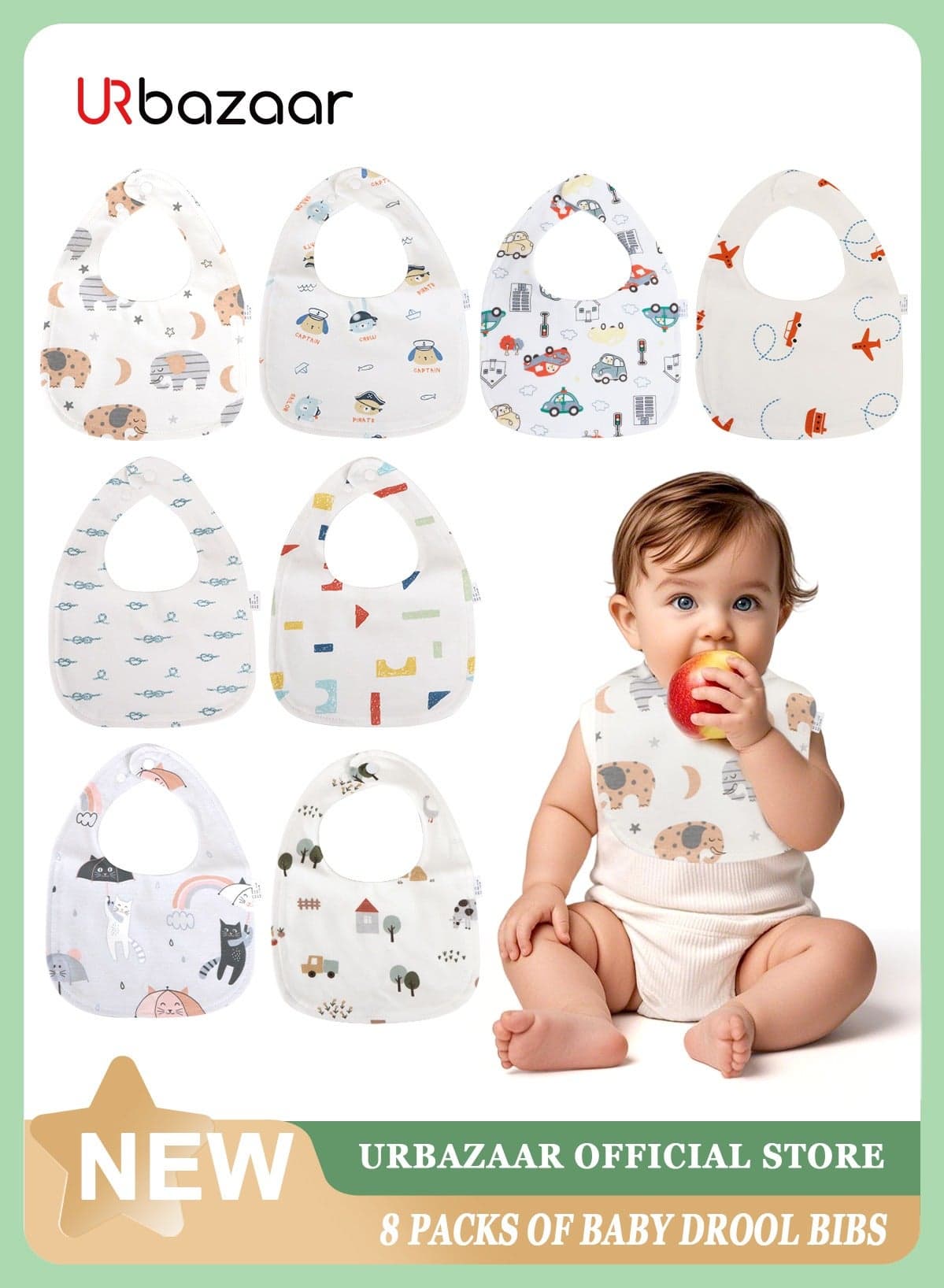 8 Pack Dribble Bibs, Soft Cotton Baby Teething Bibs Waterproof Drool Bibs (Multicolour).