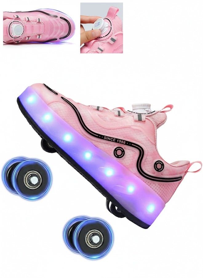 Kid Roller Skates Shoes with LED Light & Four Wheels,Built-in Rechargeable Battery(Pink)